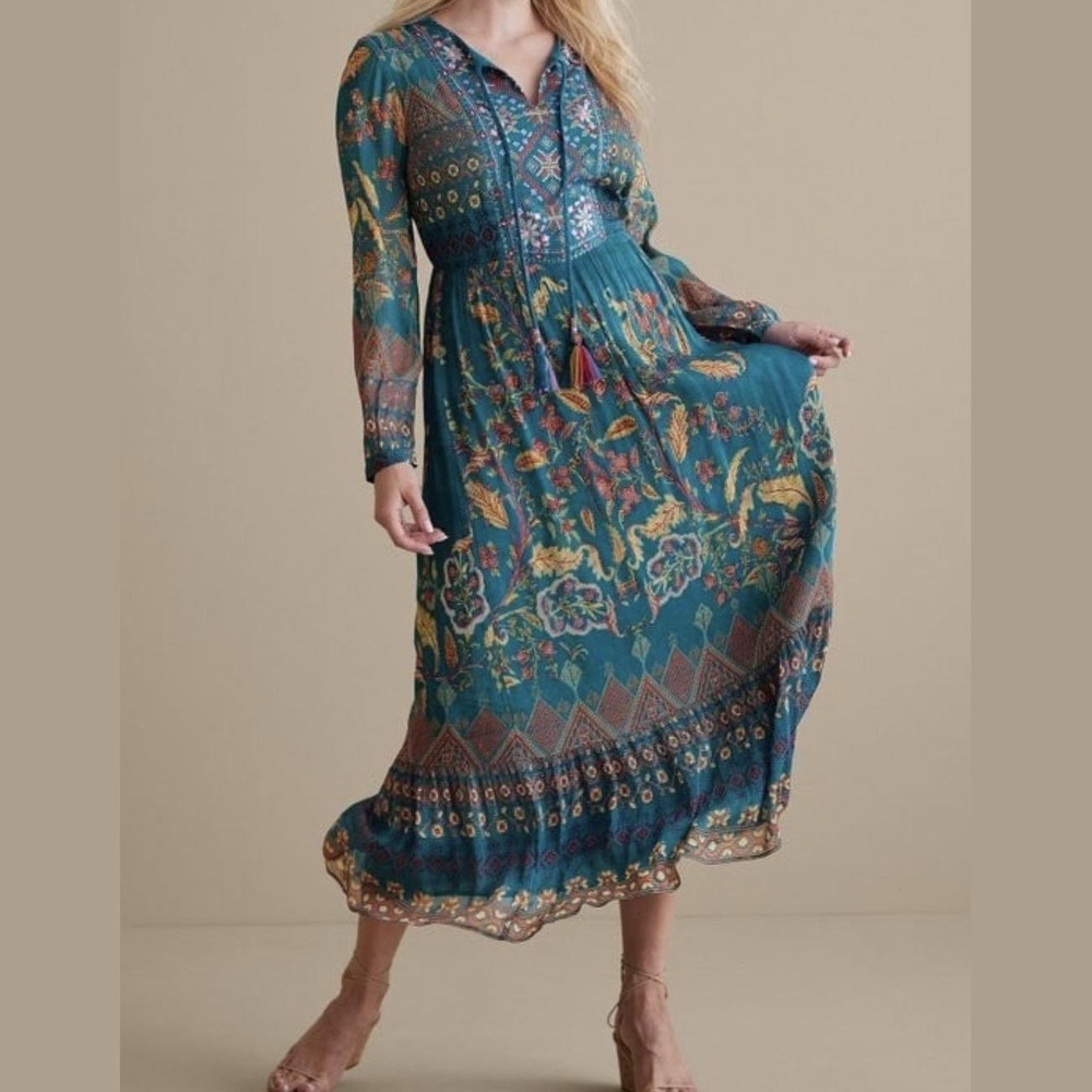 Soft Surroundings Mirapani Dress L Teal‎ Blue Embroidered Boho Maxi Resortwear